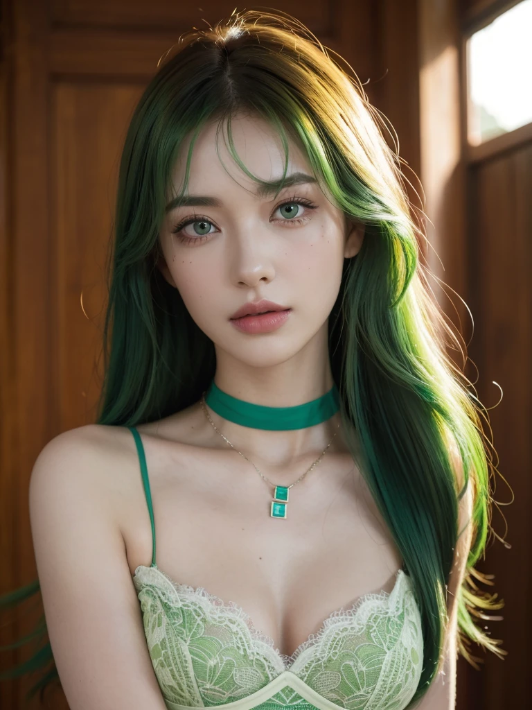 1girl, alone, solitary, high quality, (best quality,4k,8k,highres,masterpiece:1.2),ultra-detailed,(realistic,photorealistic,photo-realistic:1.37),gorgeous hair,red hair,red long curly hair with bangs,sharp eyes,mole under the eye,plump lips,jewelry,(high detailed skin:1.4),(rim lighting:1.3),(lit:1.3),(sunny day:1.3),portrait,beautiful lips,waist-length hair,seductive gaze,moles,casual clothes,colorful clothing,close up,super long hair,choker necklace,tattoos,tattooed,light eyes,bangs,fringe,20 year old,dimples on the cheeks,dimples,emerald green hair,sharp eyebrows,greenhair,green,emerald green hair,bright green hair,lace,elegant