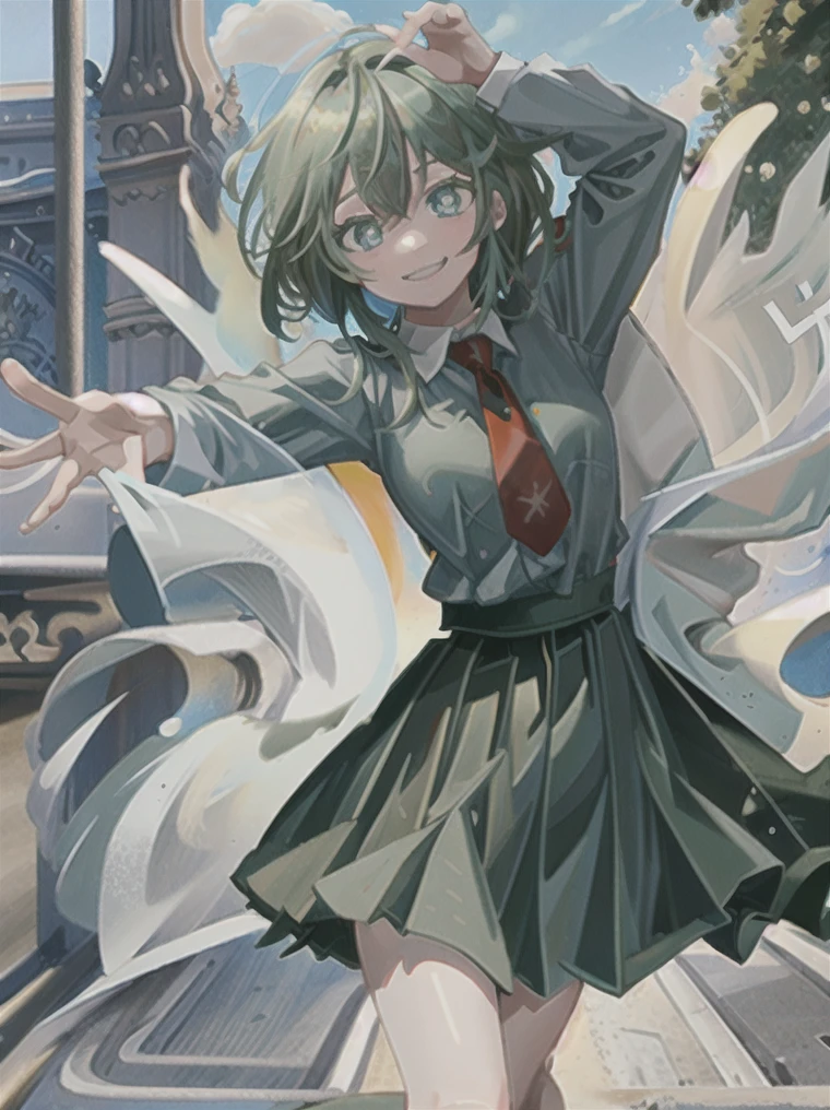 ((best quality)), ((highly detailed)), masterpiece, extremely detailed face, beautiful face, (detailed eyes, deep eyes), (1girl), cowboy shot, hagakure_tooru, short aqua hair, aqua eyes, white shirt, collared shirt, red necktie, grey blazer, BREAK, 
dark green pleated mini skirt, black socks, u.a. school uniform, smiling, outside