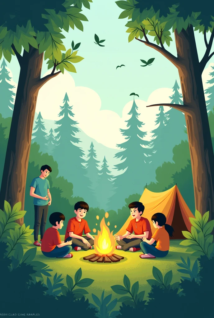 Create a contemporary poster design combining protected forest planting and camping activities, with the title GREEN WEEK & FOREST CAMP 2024