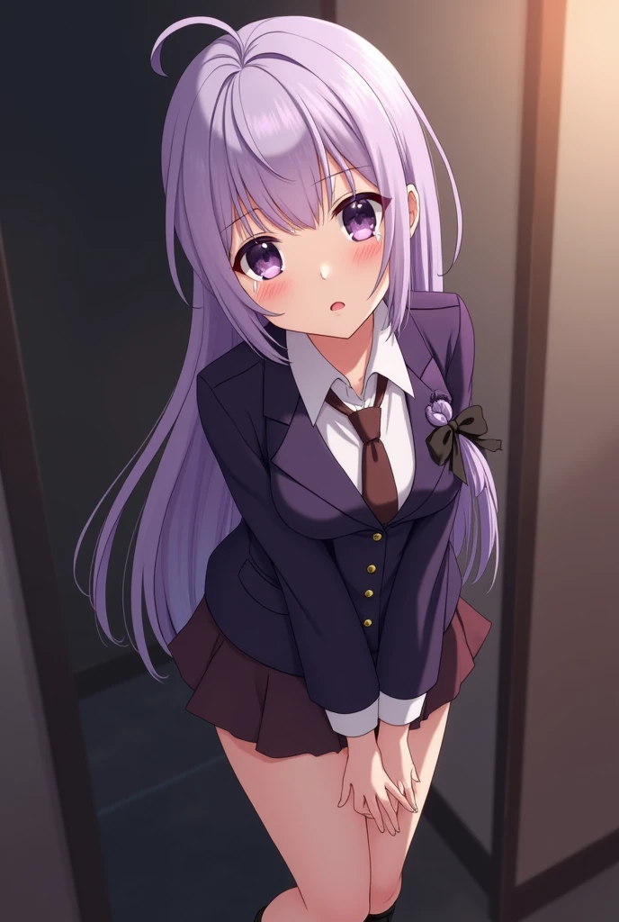 Anime Shy blushing 1 girl because She wanna tell you (you are cute lesbian girl to her that she love) She is a futa.
Shy blushing in shocked Kyoko Kirigiri from Danganronpa because She wanna tell you She is a futa. Kyoko is a relatively tall, pretty girl with purple eyes and a pale complexion. She wears her lavender hair down and with a braid on the side, tied with a black ribbon. Her outfit consists of a dark purple collared jacket over a white blouse and brown tie, along with a short skirt and heeled knee-high boots. She cries and blushes because She wants to tell you that she is a futa but is scared you gonna leave her so she cry in fear.