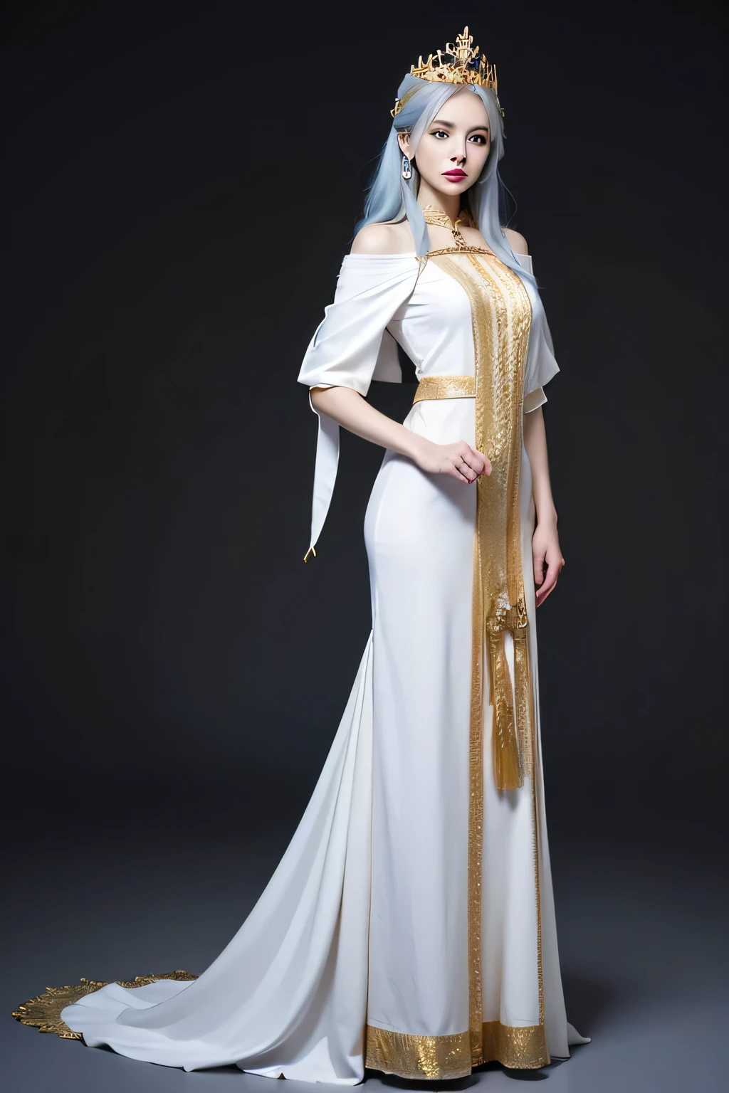 A female priestess、Golden tiara、White clothes with blue lines、Silver Hair、whole body、Standing posture、No background