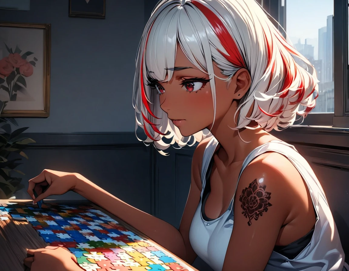 (highest quality:1.2, Very detailed, up to date, Vibrant, Ultra-high resolution, High Contrast, masterpiece:1.2, highest quality, Best aesthetics), Portraiture、girl、singer, solo, ((25-years-old:1)), Bright colors, Beautiful fine details、Beautiful lip detail、medium wave hair、red and white ((streaked hair:1.6)), highlights hair: 1.5, red eyes, slim body, medium breast, (tan skin:1.1), (Floral Fineline tattoo design on left arm:1), tank top, jeans, playing puzzle, sitting at the table, (furrowed brow:1.3), in her room, huge window background, sunshine, ((upper body:1.5))