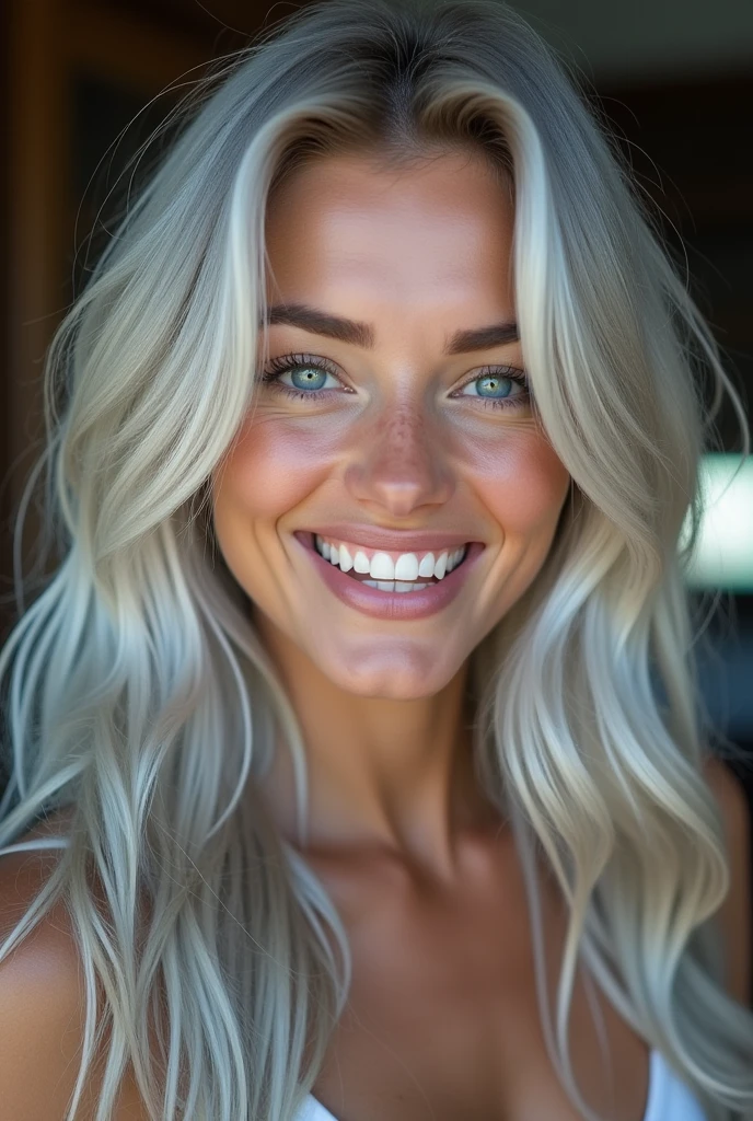 Silver hair, Hair over the shoulder, Long hair, Aqua Blue Eyes, nice open smile, White teeth, Cowboy-shot, 85mm, Canon, uhd, anatomically correct, Full body view ,textured skin, Super Detail, 8k