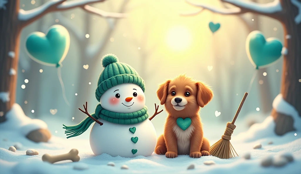 A charming fluffy white snowman wearing a green knitted hat and a green scarf with a heart design, a huge brown old dog, a broom, a bone. The snowman has bright, sparkling black eyes and a delicate, happy expression. It sits in an enchanting winter setting with blue green-shaped balloons and heart-shaped snowflakes drifting around. The surrounding trees are laden with snow and the sky above glows with a gentle twilight yellow, contributing to a magical and affectionate mood. The image should embody a cartoon-like and extremely adorable style, with a soft-focus background to amplify the fairy-tale-like ambiance of the composition.