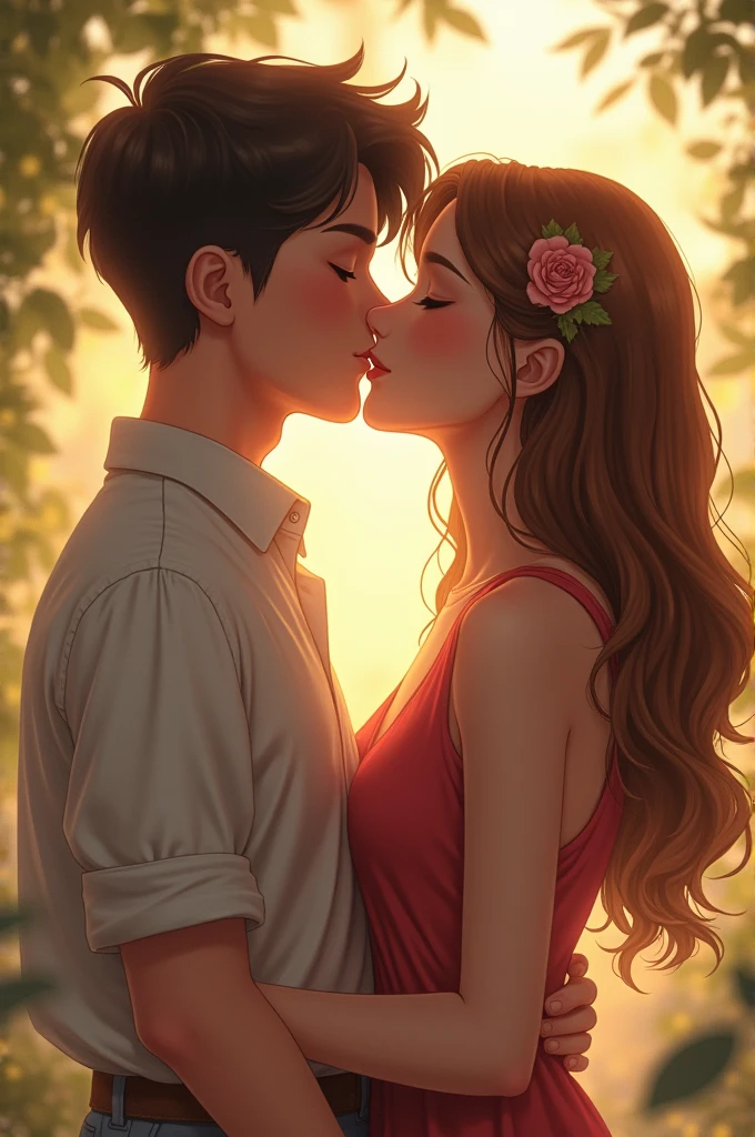 A boy kisses a girl with lips