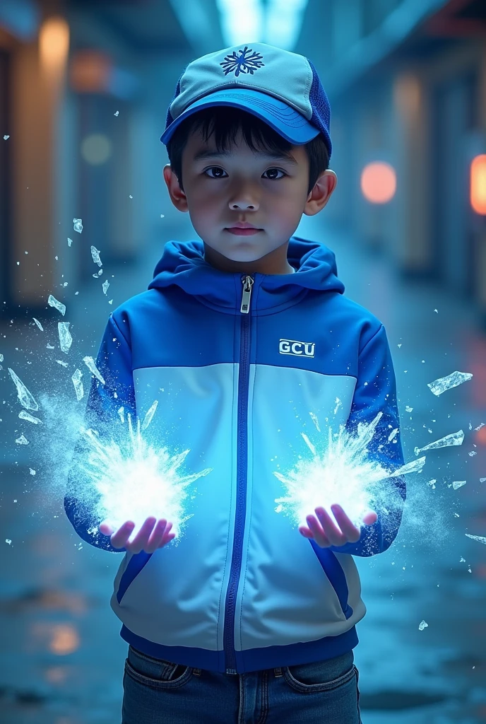 a young real boy Malaysia Indonesia . wearing an (blue and white ) zip-up shirt, (blue and white ) cap with small (snow flakes) logo, detailed face, cinematic lighting, dramatic atmosphere, vibrant colors, 8k, high quality, photorealistic. Hero suit. (Ice)come from his hand. Glowing (ice).jeans pants. Very strong. Future design dress