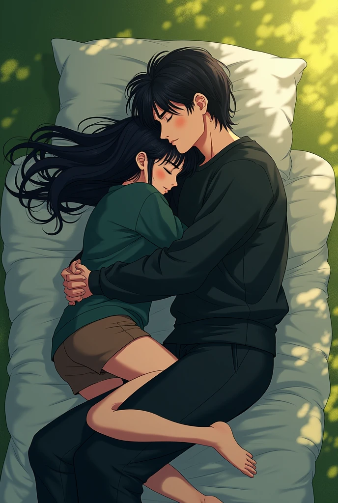 A guy with long black hair is lying and sleeping, eyes closed, black sweatshirt and black pants, a girl with shoulder-length black hair is sleeping on him, eyes closed, dark green sweatshirt and brown shorts, anime art, masterpiece, realistic, over-detailed, professional quality