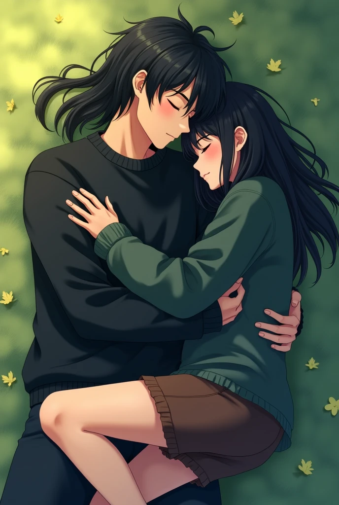 A guy with long black hair is lying and sleeping, eyes closed, black sweatshirt and black pants, a girl with shoulder-length black hair is sleeping on him, eyes closed, dark green sweatshirt and brown shorts, anime art, masterpiece, realistic, over-detailed, professional quality