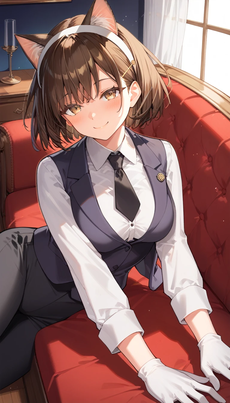 score_9, score_8_up, score_7_up, source_anime, best quality, amazing quality, very aesthetic, 1girl, yellow eyes, room, wariza, short hair, Shag haircut, dark brown hair, portrait, blazer, starshadowmagician, solo, Adult woman, best perfect anatomy, thin, curvy body, medium breasts, close up shot on person, a woman showing happy, smile, blush, high angle shots from below, looking at viewer, (lying down, hand between her legs), mature woman laying prone on sofa, wear cat ear headband, white shirt, black tie, format black vest, Long-sleeved shirt, white format gloves, black trousers, dynamic angle. perfect dynamic composition, foreshortening, night days, volumetric lighting, dark hotel sitting room background,