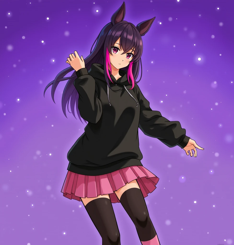 anime girl with dark purple hair and two pink streaks on her bangs, wearing a black sweatshirt, a short pink skirt and black leggings, pink socks and black shoes