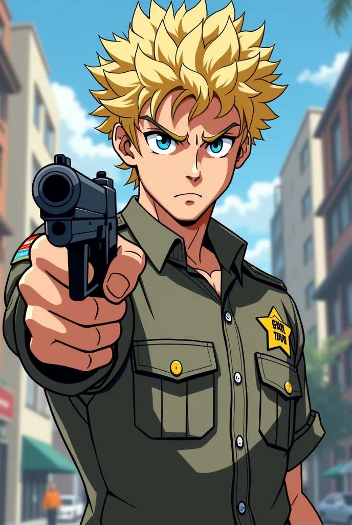 los angeles sheriff, blonde "white" curly hair, anime style drawing (man) uses a gun