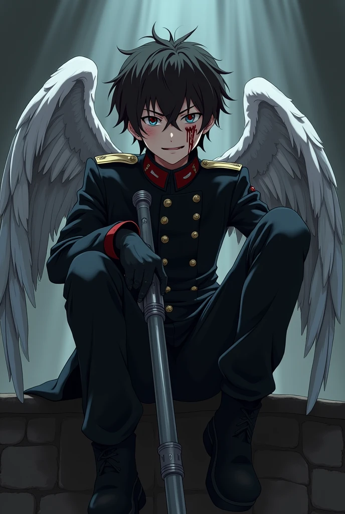 A 16 year old boy, dressed like a soldier but in a black uniform, with a soldier&#39;s weapon, with dark brown hair and dark blue eyes, look and smiling expression a little psychopathic, with blood stains on the face, with black gloves, anime style, He looks slightly annoyed but smiles with an air of superiority and his face is slightly shadowed., her pupils of eyes like red diamonds, Anime style the boy, that is in a dark, with angel wings, black tennis shoes with white, sitting on a stone wall with one leg down and the other raised