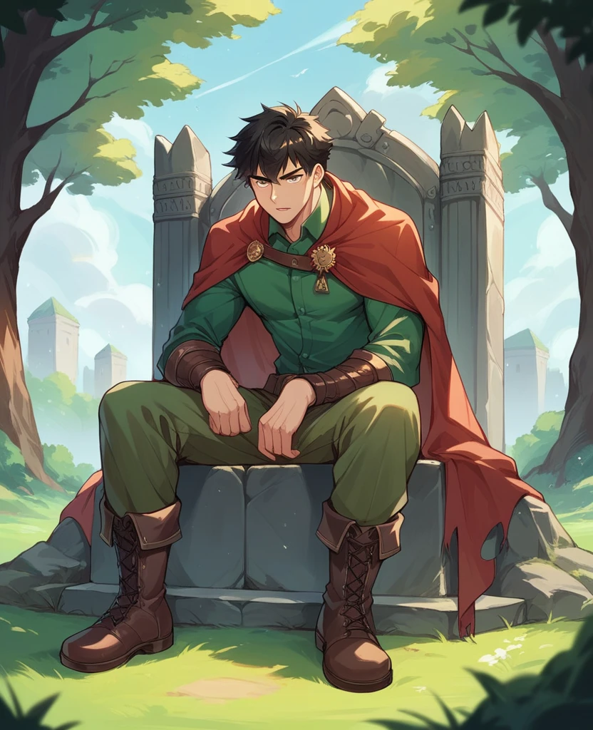 Boy with short black hair, wearing a red-colored cape with holes, and a green polo shirt and torn brown pants and leather boots, sitting on a stone throne, in an open field surrounded by anime style trees