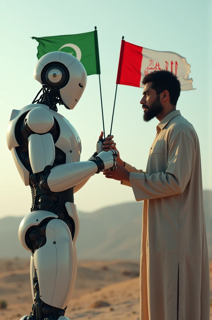 A robot and a man face to face, an flags of islam in tha man's hand and the world flag in the robot hand, 4k resolution