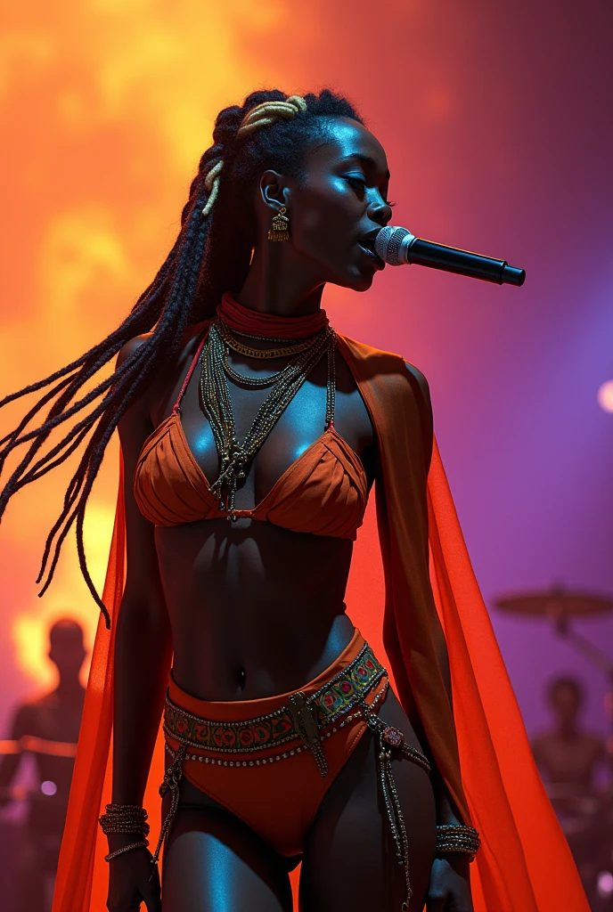 Black skinny singer in modern African pop style clothes, thin androgynous with long dreads with some blonde highlights.