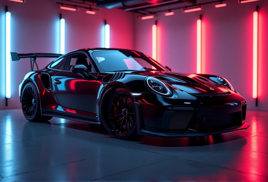 a banner for a streaming channel that is in a room with LED lights that contains a black sports car and that looks realistic, even in the paint of the car you can see the reflections of the 8k lights, that the room is gamer type. and the image size does not go below: 1280x700px