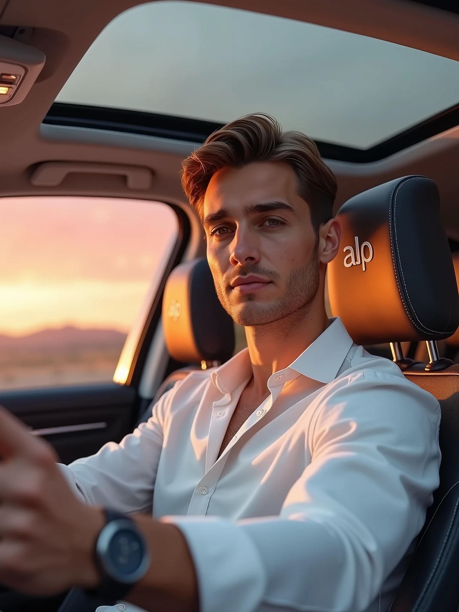 Hyperrealistic selfie of ((André, 1Man, 30 years old)), (realistic, photorealistic:1.37), ((brown hair:0.6)), ((short straight hair)), ((magnificent pair of brown eyes:0.6)), intricate details, perfect muscular body structure, clear sun-kissed skin, wearing a modern sophisticated white linen long-sleeve shirt and a modern sophisticated watch. 3/4 angle (45 degrees) camera view. Calm expression expressing deep gratitude. Holding cellphone with left hand for a side-pose selfie. Focus on André through the selfie, panoramic sunroof, sports seat with synthetic leather and embroidered "ALP" initials on headrest, and passenger side door. Natural light with magnificent pink-orange sunset. External environment.  Infinity"