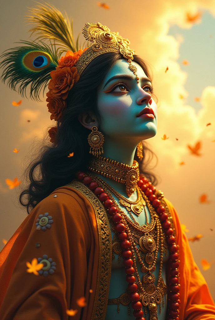 ((best quality)), ((masterpiece)), (detailed), perfect faceA golden fantasy portrait of Lord Krishna in colorful soft cotton armor and a peacock crown. He has intricate patterns on his body and is a God with a soft heart . Krishna is captured full body in sky from a low angle, looking up at the viewer with a captivating gaze. The background is a chaotic scene with splashes of kaleidoscopic colors. The golden sunlight casts a warm, alluring glow on the scene, highlighting Krishna's beautiful enigmatic presence. The overall ambiance is a blend of excitement, surrealism, and whimsy.