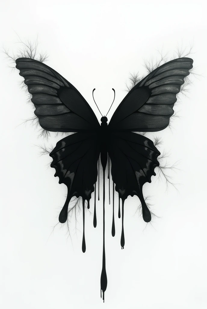 a flying black butterfly in white background along with black blood. background is kind of scary forest. whole picture is artistic style