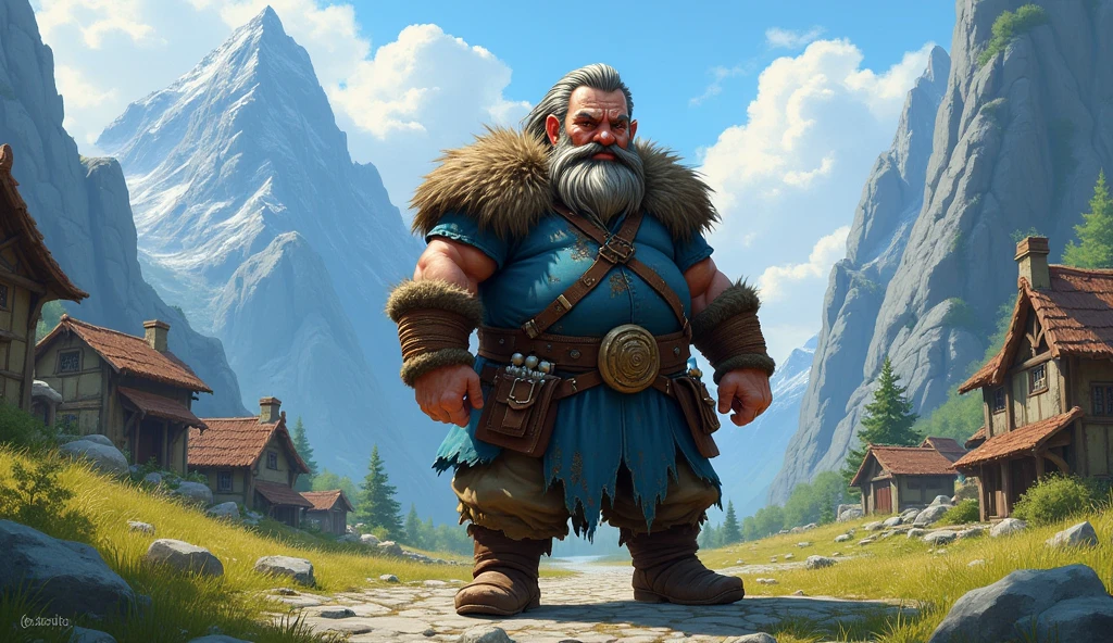 4feet tall dwarf with scars wearing  blue and dirty  rugged clothes.A small, peaceful village surrounded by towering mountains, with a brave dwarf named Thrain standing at the center, dressed in rugged, adventurer's gear.*