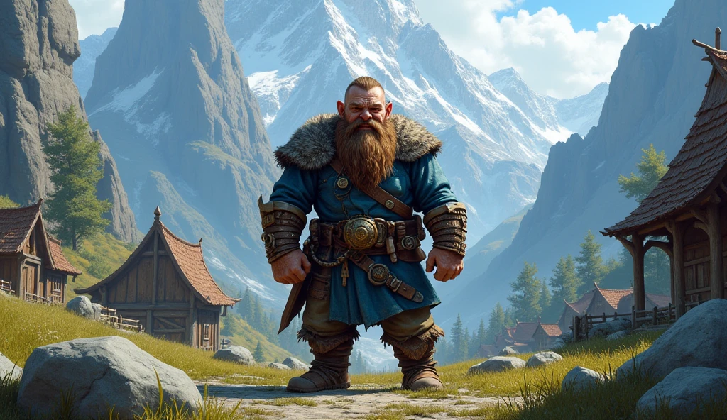 4feet tall dwarf with scars wearing  blue and dirty  rugged clothes.A small, peaceful village surrounded by towering mountains, with a brave dwarf named Thrain standing at the center, dressed in rugged, adventurer's gear.*