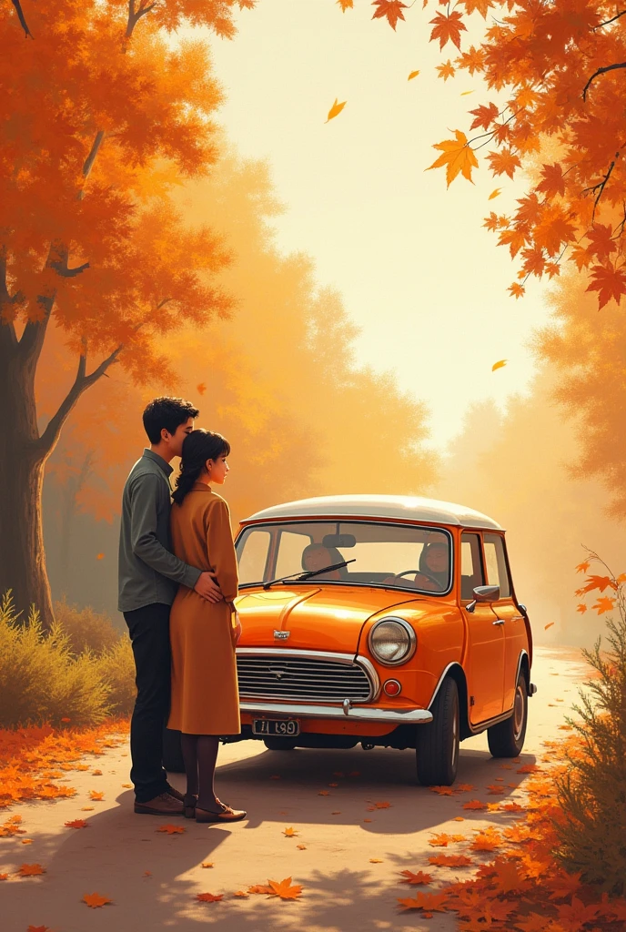 a painting of a man and woman standing in front of an orange car in the, alena aenami and android jones, makoto shinkai cyril rolando, anato finnstark and alena aenami, Alena Aenami, warm beautiful scene, alena aenami and artgerm, cyril rolando and goro fujita, alena aenami and lilia alvarado, by Alena Aenami, inspired by Cyril Rolando, art of alena aenami, in style of cyril rolando, artistic. alena aenami, beautiful scene, in the autumn, 🍂 cute, by Cyril Rolando, lofi art, beautiful anime scene, Cyril Rolando