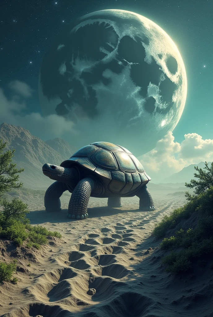 A turtle walking from the earth to the moon leaving footprints