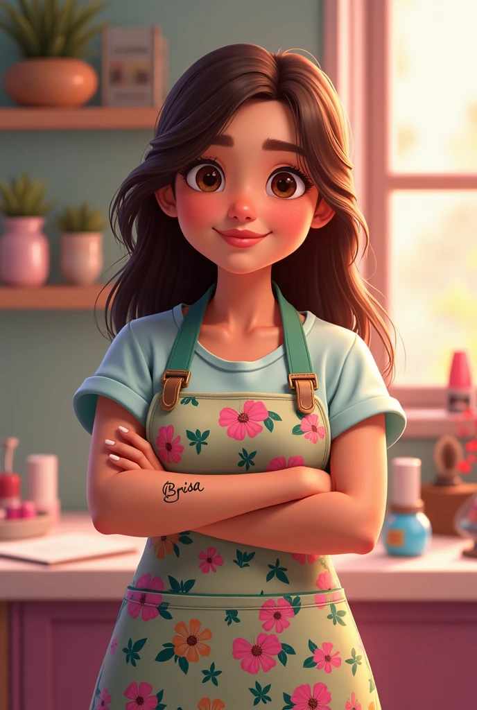 Brisa Manicurist pixar, with apron long straight brown hair brown eyes, small eye, brunette tattoo on forearm chubby