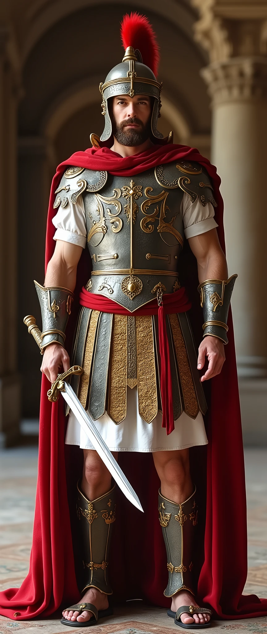 Front view , Full-body looking at viewer, sole, Titus, Empire of Roman, standing pose, stand in an ancient Roman palace, 30 years-old, handsome,( wave perm , brown hair , serious, Roman metal helmet , red chicken's crest design), normal body, (An ancient Roman emperor traditional imperial White wear), (Full body armor is leather and emboss of Apron face ), shoulder and arm protector , (Red crock), battle sandal, right hand hold short Sword, noon ,(Textured skin , HI Detail Skin, (Shorthand, Canon, 8k, Anatomically correct, Super Detail, Attention to detail, Your Highness)