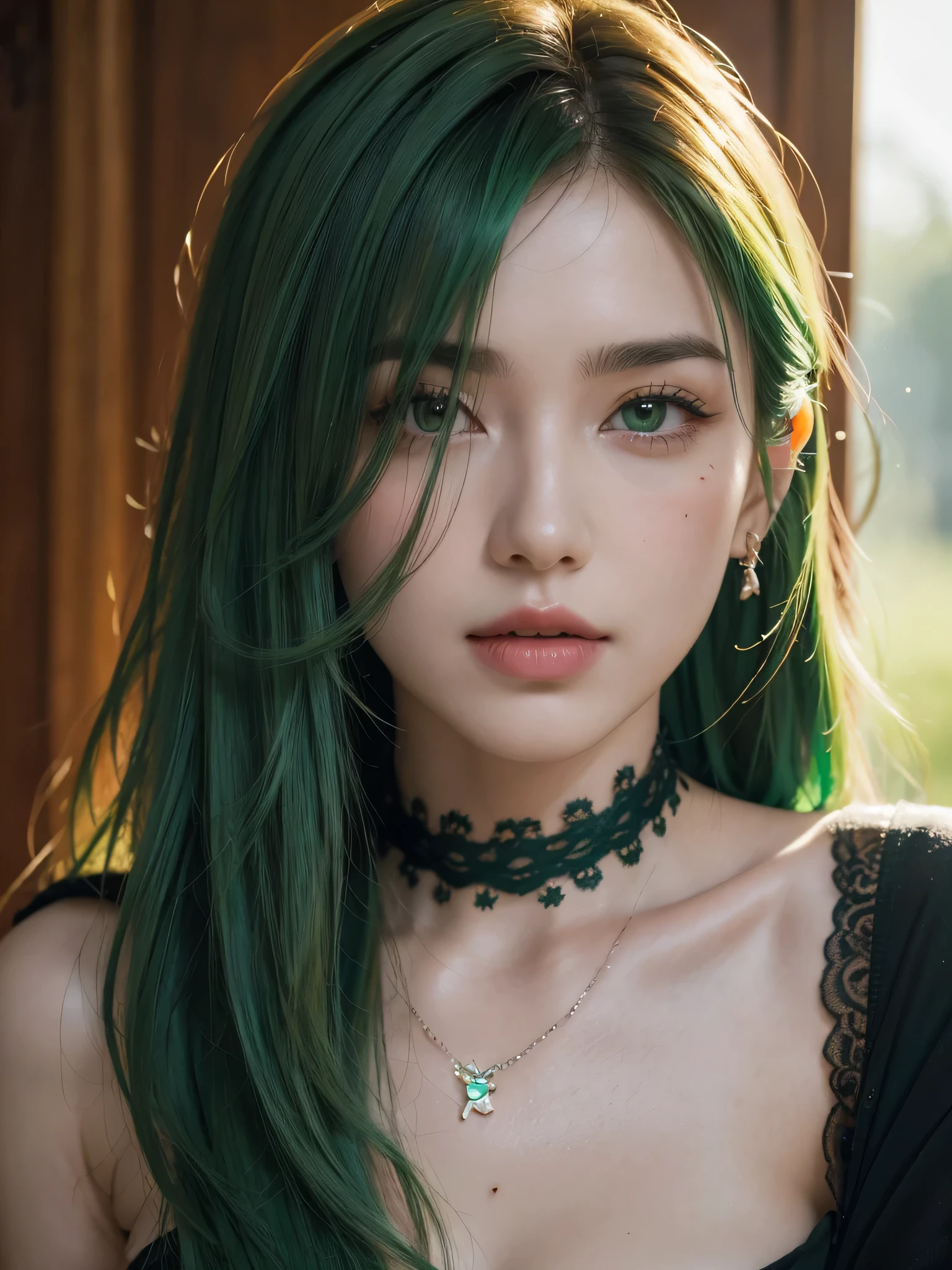 1girl, alone, solitary, high quality, (best quality,4k,8k,highres,masterpiece:1.2),ultra-detailed,(realistic,photorealistic,photo-realistic:1.37),gorgeous hair,red hair,red long curly hair with bangs,sharp eyes,mole under the eye,plump lips,jewelry,(high detailed skin:1.4),(rim lighting:1.3),(lit:1.3),(sunny day:1.3),portrait,beautiful lips,waist-length hair,seductive gaze,moles,casual clothes,colorful clothing,close up,super long hair,choker necklace,tattoos,tattooed,light eyes,bangs,fringe,20 year old,dimples on the cheeks,dimples,emerald green hair,sharp eyebrows,greenhair,green,emerald green hair,bright green hair,lace,elegant