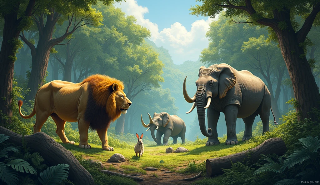 A dense forest was home to many animals, including a lion, a rhinoceros, an elephant, and a rabbit