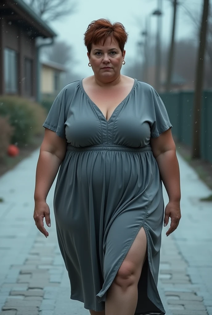 Full body shot. Shallow depth of field with plain blurred background. Tall and heavyset woman walking towards the camera and looking into camera. Woman is forty five years old. She has a Pixie cut hairstyle with reddish brown hair that is very short in length. She is wearing a high slit grey dress with long sleeves. Erect and hard nipples. Its quite cold and nippy.