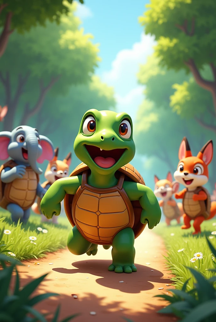 The turtle is crossing the finish line, with a big smile on its face. The rabbit, elephant, and fox are in the background, looking surprised and happy for their friend. The forest animals are cheering in the background, celebrating the turtle's victory.