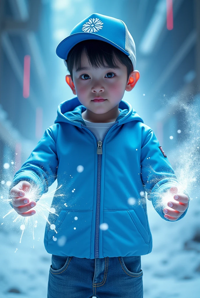a young real boy Malaysia Indonesia . wearing an (blue and white ) zip-up shirt, (blue and white ) cap with small (snow flakes) logo, detailed face, cinematic lighting, dramatic atmosphere, vibrant colors, 8k, high quality, photorealistic. Hero suit. (Ice)come from his hand. Snow (ice).jeans pants. Very strong. Future design dress. Cool environment