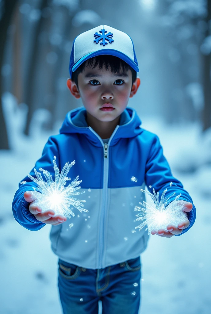 a young real boy Malaysia Indonesia . wearing an (blue and white ) zip-up shirt, (blue and white ) cap with small (snow flakes) logo, detailed face, cinematic lighting, dramatic atmosphere, vibrant colors, 8k, high quality, photorealistic. Hero suit. (Ice)come from his hand. Snow (ice).jeans pants. Very strong. Future design dress. Cool environment