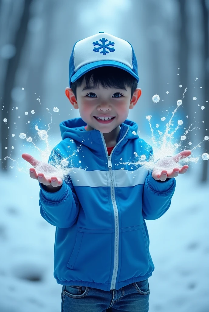 a young real boy Malaysia Indonesia . wearing an (blue and white ) zip-up shirt, (blue and white ) cap with small (snow flakes) logo, detailed face, cinematic lighting, dramatic atmosphere, vibrant colors, 8k, high quality, photorealistic. Hero suit. (Ice)come from his hand. Snow (ice).jeans pants. Very strong. Future design dress. Cool environment