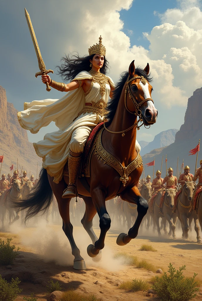 A Rajput princess riding on horses with her army on the battlefield. He has a sword in his hand. His army includes elephants and horses.