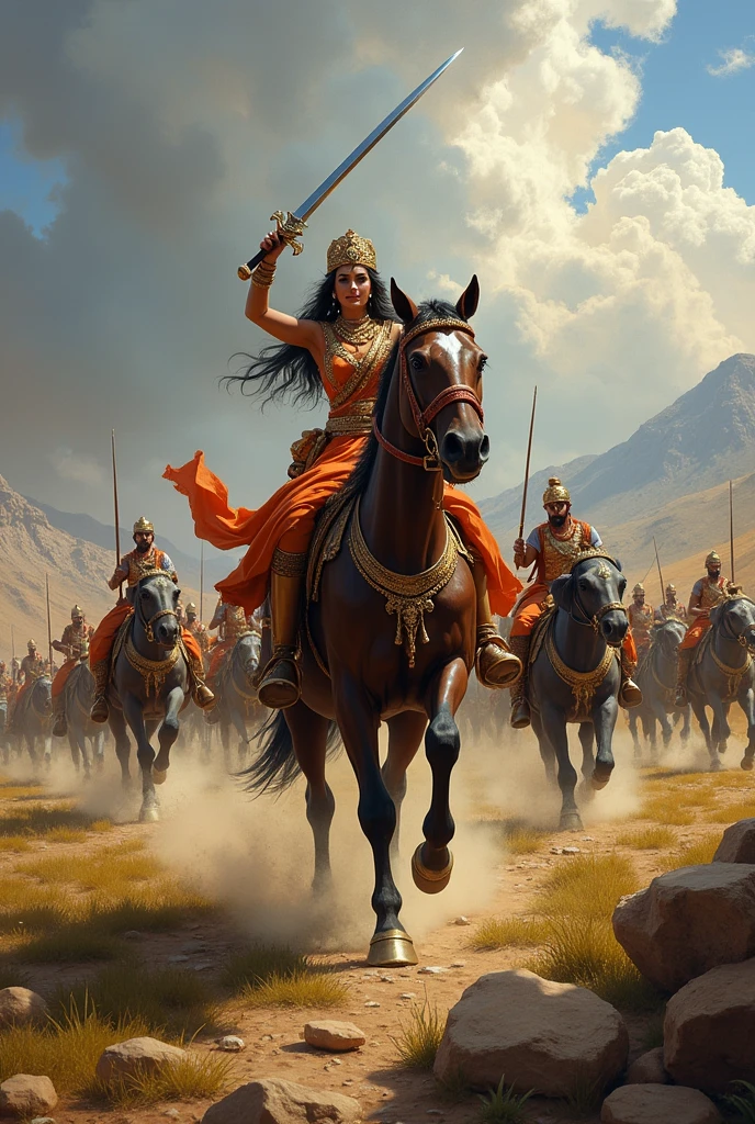 A Rajput princess riding on horses with her army on the battlefield. He has a sword in his hand. His army includes elephants and horses.