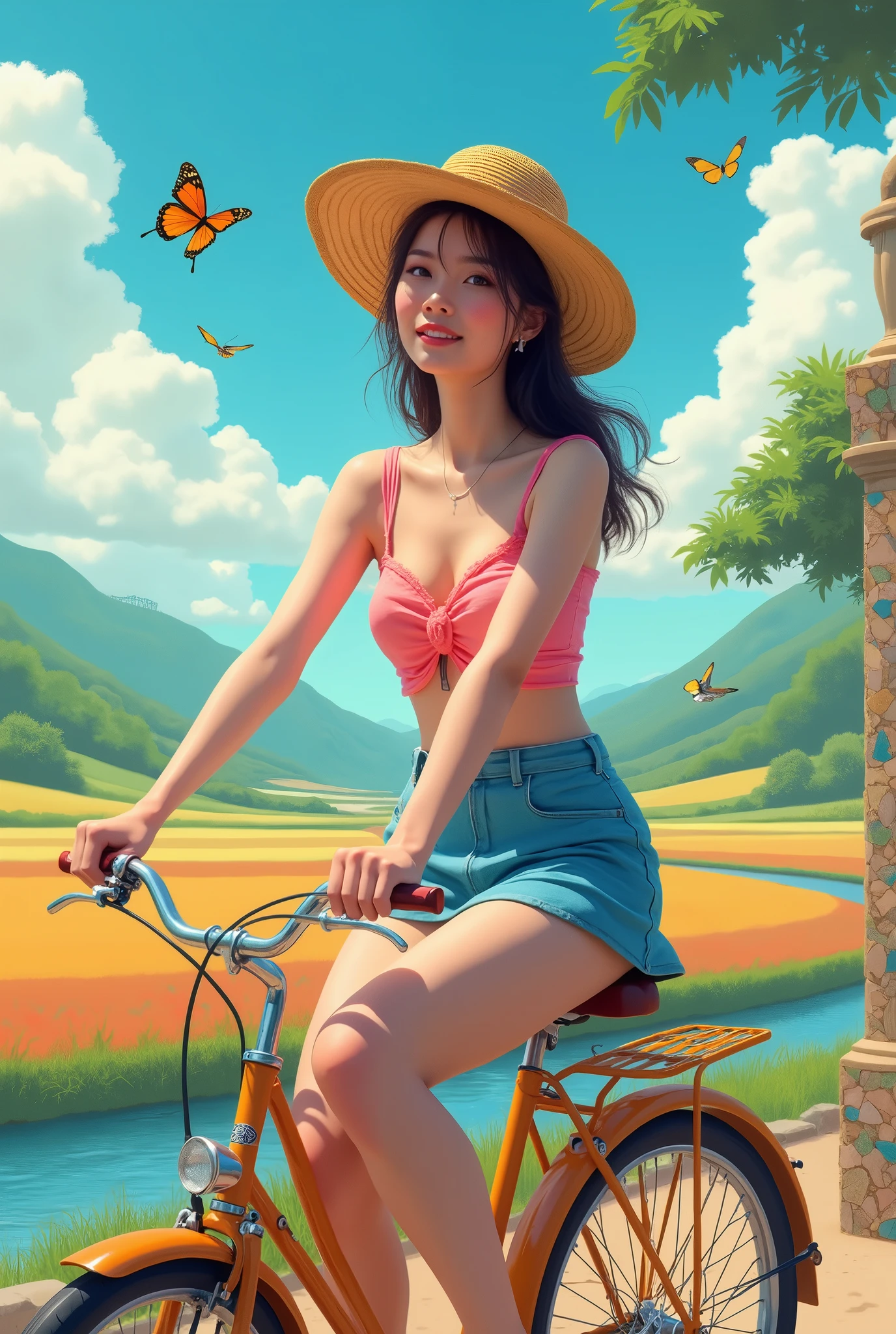 A very beautiful and sexy girl wearing a bright straw hat, a bright light pink top and a thin blue mini skirt smiling and sitting on a yellow vintage bicycle next to a colorful marble wall. The bicycle is a unique masterpiece. Behind is a colorful field and river with a blue sky and white clouds in the background, focusing on a beautiful girl with a realistic face and the most beautiful eyes, and some butterflies flying, masterpiece, UHD, 18K