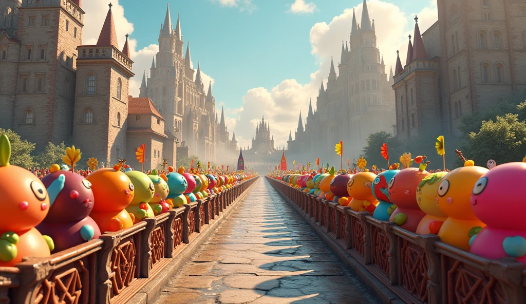 jellybeans army and fruits army fighting on the bridge between 2 kingdoms