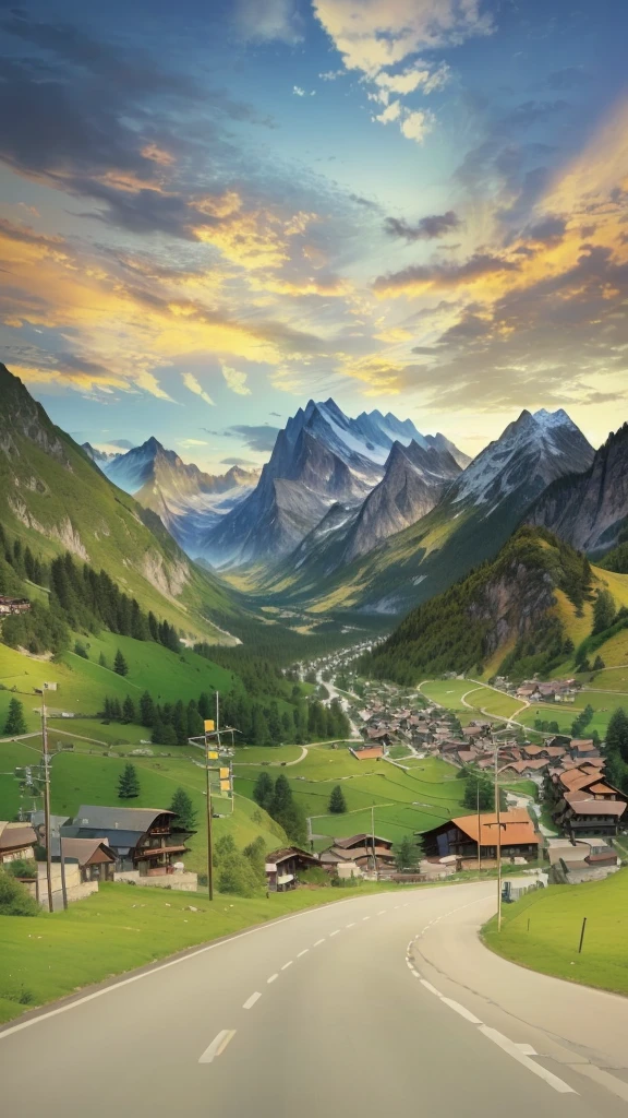 Mountains in the distance、A road and a small village, mountainous setting, mountainous background, Mountain scenery, Beautiful mountain background, Beautiful high resolution, very Beautiful scenery, 可爱的valley, valley, very very Beautiful scenery, 瑞士Alps, Real photos of the town, mountainous area, mountainous, Beautiful scenery, Alps, very very very Beautiful scenery