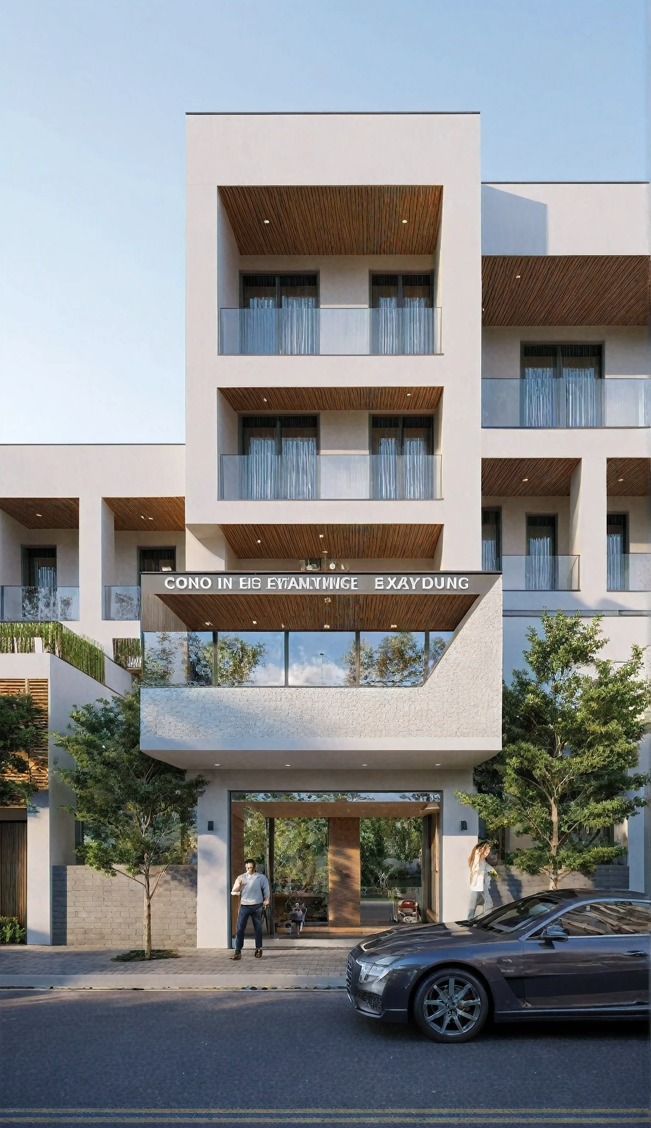 townhouse, Led light, spotlight out door, (modern style:1.2), (Open roof to see the sky), exterior design, perspective view, (open roof), Pavement, alphalt streets road, (next door neighbor's house), (dawn light sky background), Low trees around the house, overall peaceful atmosphere cinematic photo, hyperrealistic artï¼professional, 8k, highly detailed ï¼, (architectural design visualization), (reflection), (focus on object), (material normal bump real reflection), (scattered light), (hidden light) (light ray), (multi-beam light), (sunbeam) (multi-level reflection), (corona software visualization render:1.2),(((Best Quality))), ((Masterpiece)), ((best illustration)), ((best shadows)), ((Super Detail)), (Intricate lines), (Photorealism),(hyper detail), ((archdaily)), ((award winning design)), (dynamic light), ((day)), (perfect light), (shimering light), ((photorealistic)), ((intricate detail)), ((extreme detail)), ((science)), ((hyper-detail)), ((super detail)), ((super realistic)), ((crazy detail)), ((octane render)), ((Cinematic)), ((trending on artstation)), ((High-fidelity)), ((Viwvid)), ((Crisp)), ((Bright)), ((Stunning)), ((Eye-catching)), ((High-quality)),((Sharp))((Bright)), ((Stunning)), Natural, ((Eye-catching)), ((Illuminating)), ((Flawless)), ((High-quality)),((Sharp edge render)), ((medium soft lighting)), ((photographic render)), ((detailed archviz))