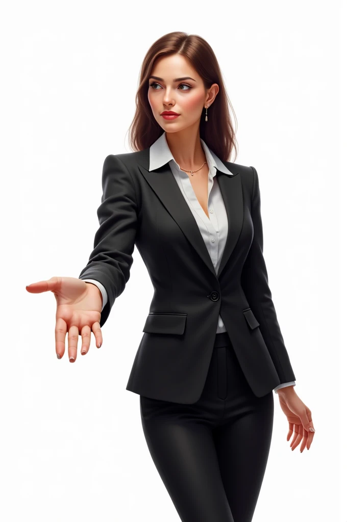 Businesswoman in black suit extending her arm to the left side with open hand on white background, Digital art