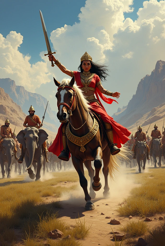 A Rajput princess riding on horses with her army on the battlefield. He has a sword in his hand. His army includes elephants and horses.