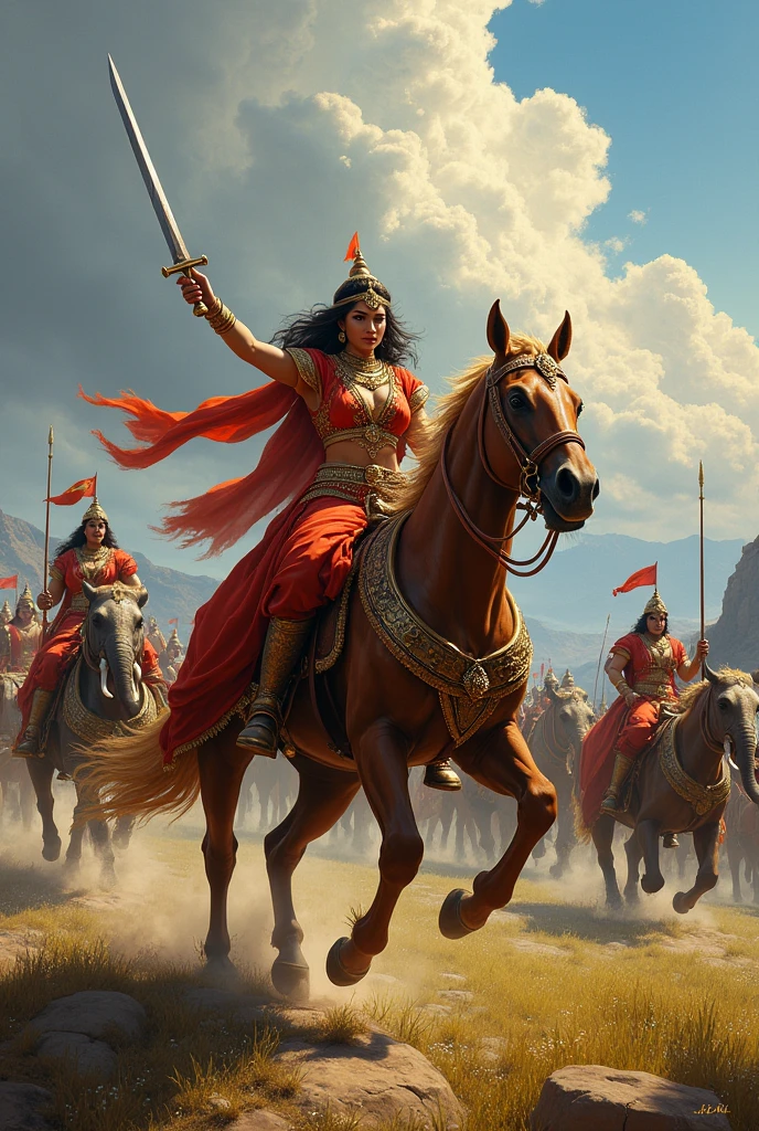 A Rajput princess riding on horses with her army on the battlefield. He has a sword in his hand. His army includes elephants and horses.
