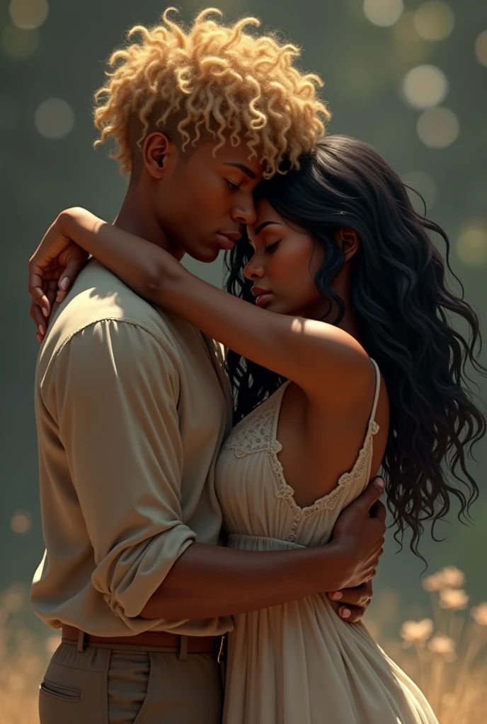  hyper-realistic fantasy character art, illustration, dnd,  a man and a woman in a sibling embrace. The woman is burying her face in the brother’s chest. The dark skin girl has jet black long hair. The brother, a dark skin with golden curly hair is holding her close and looking down at her with a comforting expression.