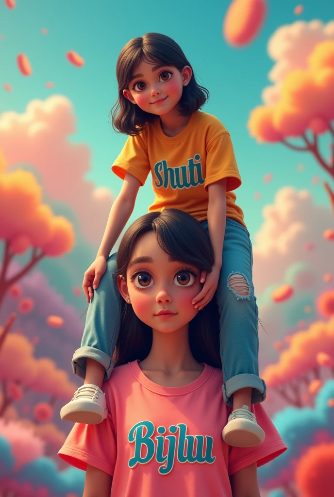 generate an image in which girl name shruti written on t shirt sitting on head of girl name bijluu written on t shirt