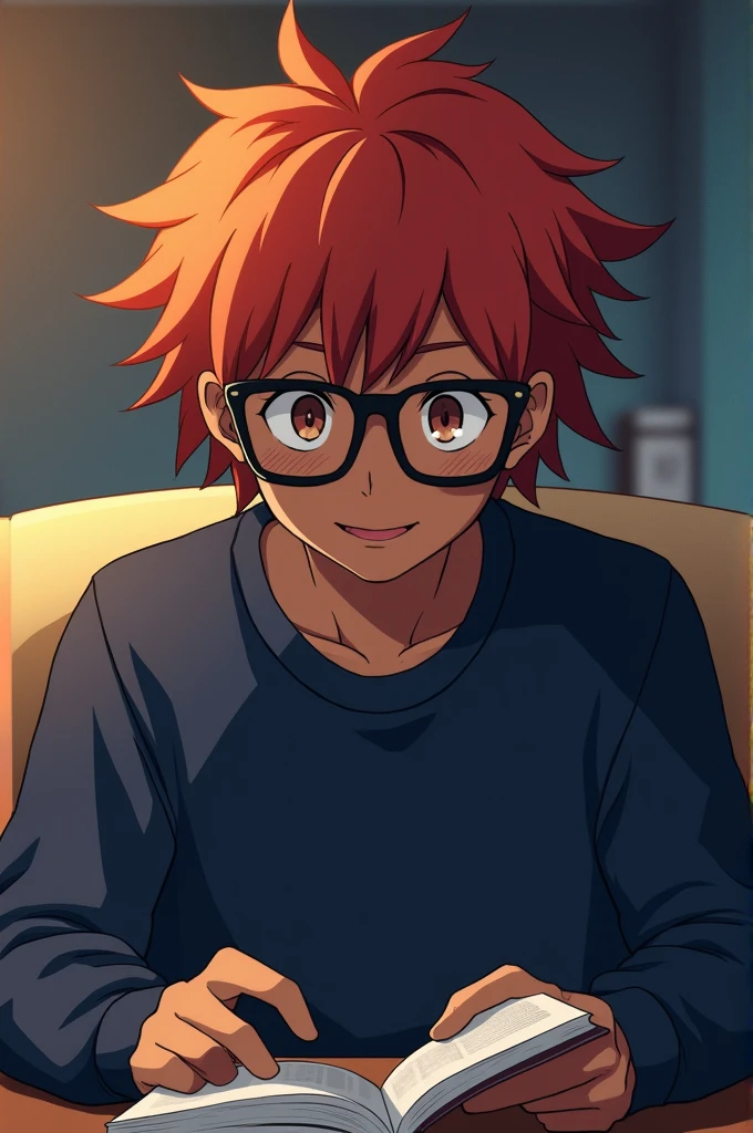 Jujutsu Kaisen Panel, dark skinned teenager, Semi-long red and orange hair, He has small brown eyes, wears large square black glasses, has a smile, is reading, and wears a navy blue sweatshirt