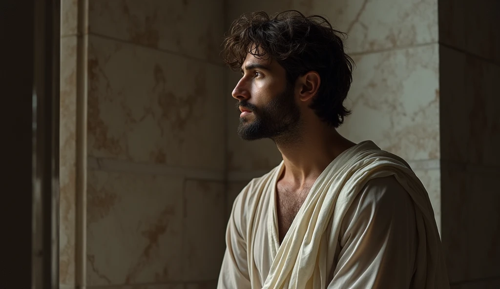 "A male stoic philosopher with a well-proportioned and attractive physique, not excessively muscular. He is wearing classic tunics, slightly transparent, that gently drape over his body, subtly revealing parts of his shoulder, with a very short and well-groomed beard, and wavy, well-stylized hair. His expression is pensive and introspective, reflecting deep contemplation. Dramatic lighting casts long, deep shadows, obscuring details and adding to the mystery. Focus on a close-up or medium shot, emphasizing the texture of the marble and the subtle imperfections that suggest the passage of time. Apply a strong vignette and a touch of grain for a dramatic, timeless effect."