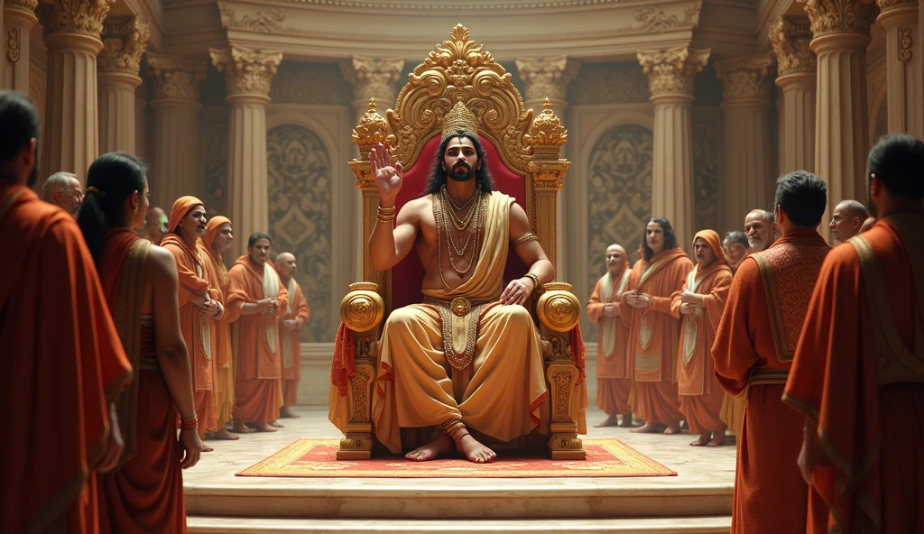 Make lord ram photo taking oath in palace with his minister and civilians lord ram is sitting in his throne and raising his hand and dont make ram beard